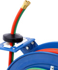 Close-up of Retractable Welding Hose Reel 100 Foot Oxygen And Acetylene Twin Line with beefy steel frame in blue