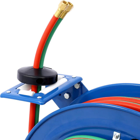Close-up of Retractable Welding Hose Reel 100 Foot Oxygen And Acetylene Twin Line with beefy steel frame in blue