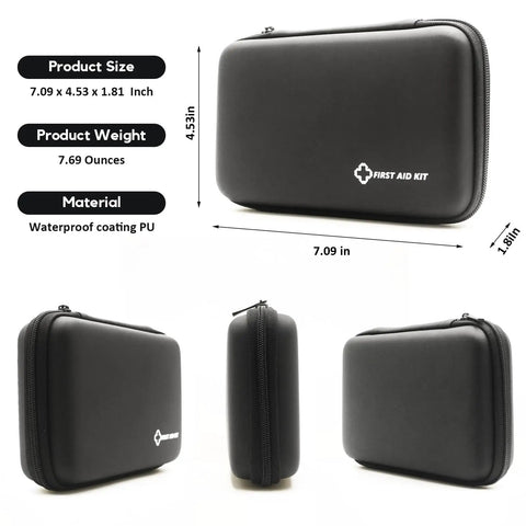 Grab And Go First Aid Kit Ultra Portable Compact Waterproof Emergency Supplies For Home Car Travel Camping Truck Hiking Sports Office And Outdoor Use In Black, front and side views