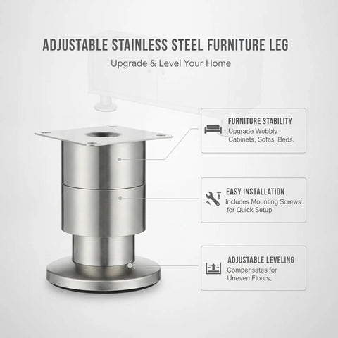 Adjustable Stainless Steel Furniture Legs 1.5 To 9.8 Inch Leveling Feet For Cabinets And Sofas With Mounting Screws product image