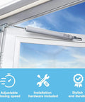 Standard Duty Pneumatic Door Closer for Screen and Storm Doors Black Finish installed on a door frame with adjustment features shown
