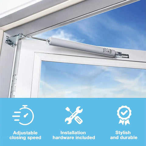 Standard Duty Pneumatic Door Closer for Screen and Storm Doors Black Finish installed on a door frame with adjustment features shown