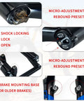 Close-up of 26 Inch Mountain Bike Suspension Fork 100mm Travel One And One Eighth Inch Steerer Quick Release Manual Lockout Disc Brake V Brake Trail Ready Compatible Aluminum Alloy Black Gray, showing micro-adjustment rebound preset and v-brake mounting