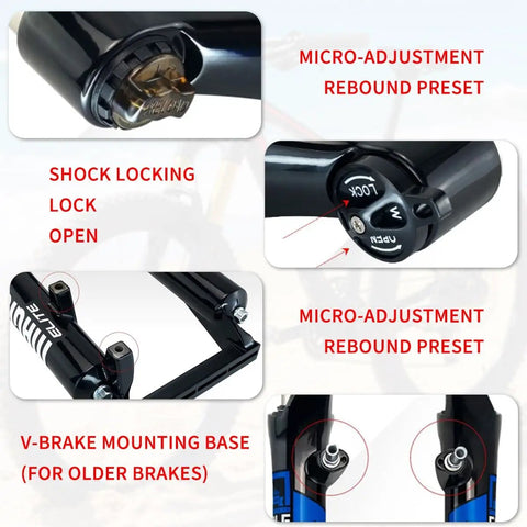 Close-up of 26 Inch Mountain Bike Suspension Fork 100mm Travel One And One Eighth Inch Steerer Quick Release Manual Lockout Disc Brake V Brake Trail Ready Compatible Aluminum Alloy Black Gray, showing micro-adjustment rebound preset and v-brake mounting