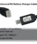 7.4V USB Charger Cable With XH3Pin Plug For RC Cars Planes Tanks Boats And Other Remote Control Toys Dope Universal 7.4V Battery Charger With Battery Protection USB Input 5V 0.5 2A showing USB and plug