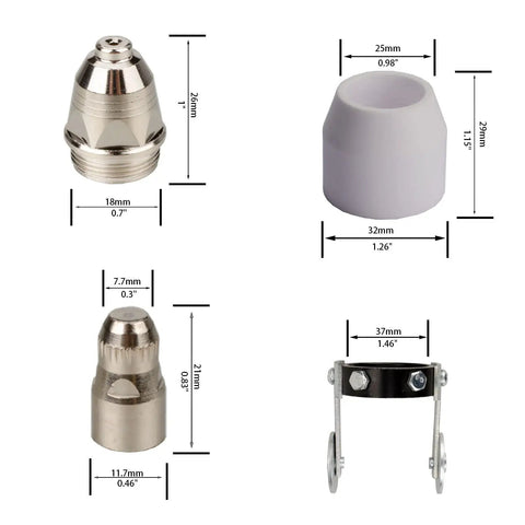 Pro Grade Plasma Cutter Nozzle Electrodes Consumables Kit With 1.5 Tip For 80 Amp 45 Pieces showing component dimensions
