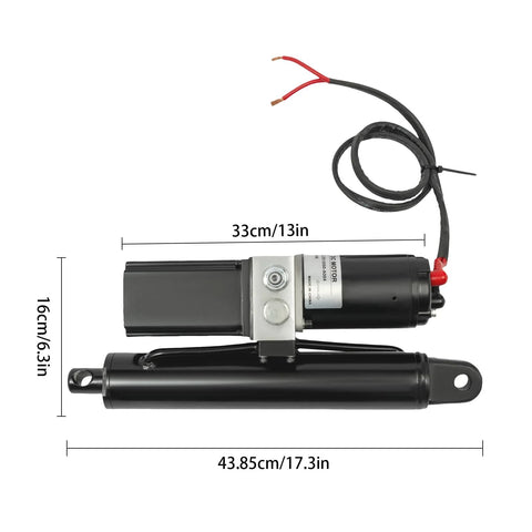 12V heavy-duty hydraulic linear actuator with mounting bracket; black body, silver clamp, red/black wires, 43.9 cm long