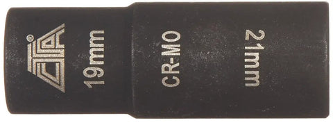 Extra Thin Wall Impact Flip Socket 19 x 21mm For Tight Spaces, Heavy Duty Automotive Tool, side view showing size markings