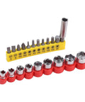 32Piece Pro Grade Drill Bits And Socket Set with Stainless Steel Heads arranged in yellow and red holders