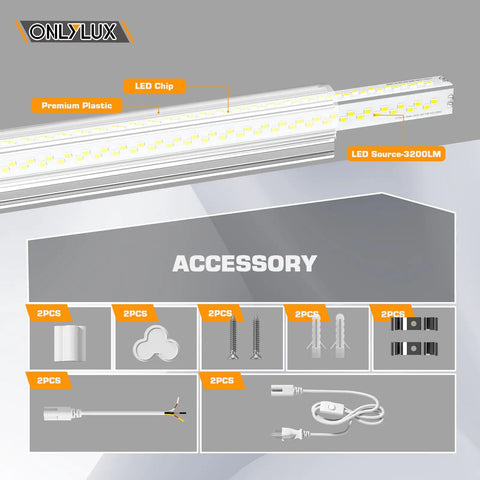 Bright 25W 6000K LED Shop Lights, Linkable Garage Tube Light For Workbench And Basement, accessories displayed