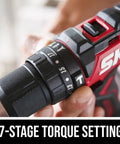 Close-up of Power Core 20 Brushless 20V Compact Three In One Hammer Drill Kit showing 17-stage torque settings on chuck.