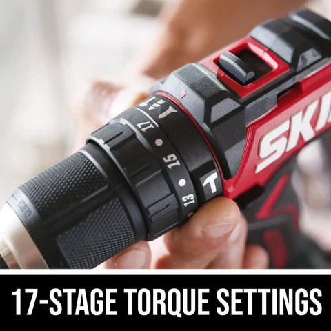 Close-up of Power Core 20 Brushless 20V Compact Three In One Hammer Drill Kit showing 17-stage torque settings on chuck.