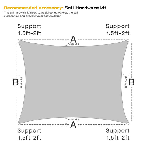Installation diagram for Waterproof Sun Shade Sail With Ninety Five Percent UV Block Canopy For Outdoor Patio Garden Backyard Rectangle Shade Cover Awning Shelter Customizable Light Gray 12x16 HDPE Fabric 185GSM Durable Easy Install.