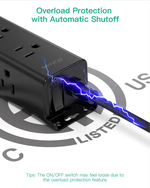 Nine Outlet Surge Protector Power Strip With Three Side Design For Widely Spaced Plugs Wall Mount Flat Plug emphasizing overload protection