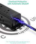 Heavy Hitter 12 Outlet Surge Protector Power Strip with super roomy layout, showing overload protection switch and electrical surge effect.