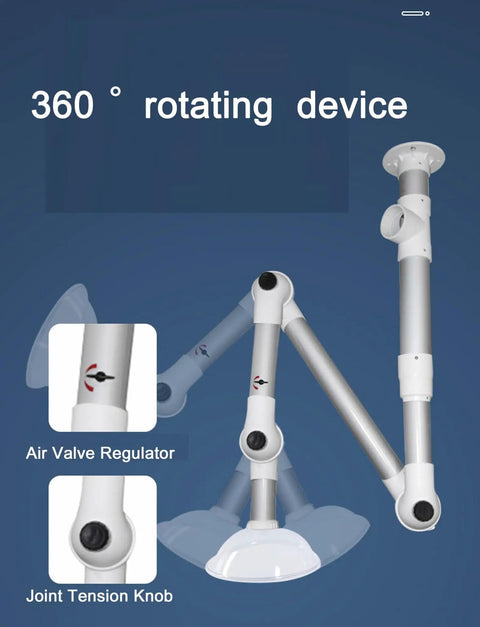Top Shelf Ceiling Mounted Lab Exhaust Fume Extractor Arms With No Fuss 360 Degree Swivel Joints detail of air valve regulator and joint tension knob.