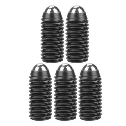 Top Shelf Heavy Duty 10 Pack M25 Carbon Steel Hex Socket Spring Loaded Ball Plunger Screws displayed in a group of five.