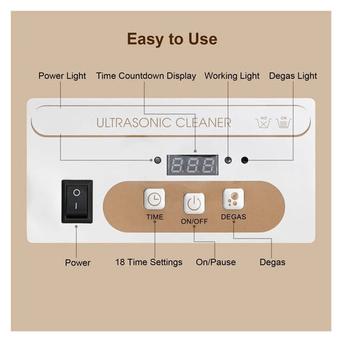 Control panel of Heavy Duty 900Ml Ultrasonic Cleaner Machine With Sixty Watt Power And Forty Kilohertz Frequency showing timer lights.