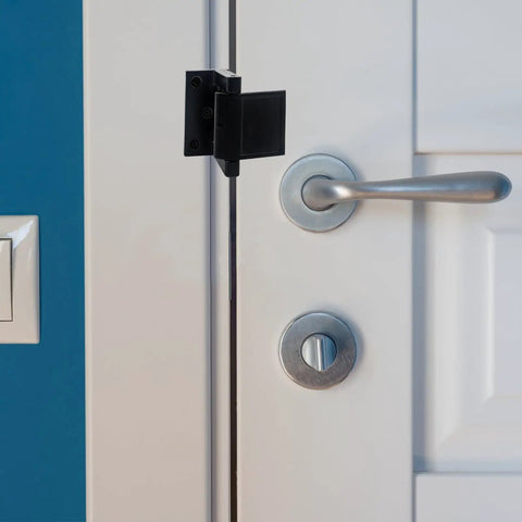 Built Tough Door Security Lock Zinc Alloy Reinforcer Plate Kick Proof Privacy Latch For In Swinging Doors No Sweat Installation, sleek black latch on door.