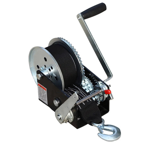 Heavy Duty 2500 Lb Two Way Self Locking Manual Winch Portable Electric Hoist Crane Rigging Gear close-up with crank handle and strap.