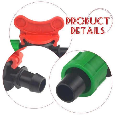 Close-up of 10 Pack Drip Irrigation Switch Valves Kit For 16 To 17 mm Drip Tape Tubing Universal Quick Connect Couplings