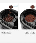 All In One Coffee Maker With Built In Two In One Grinder showing coffee beans and resulting coffee powder in compartments