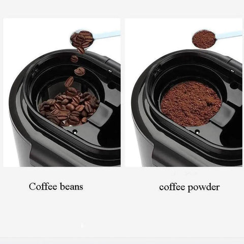All In One Coffee Maker With Built In Two In One Grinder showing coffee beans and resulting coffee powder in compartments