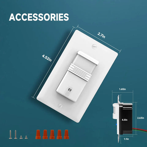 Dimensions and accessories of 3 Way Occupancy Motion Sensor Light Switch With Neutral Wire, Hands Free PIR Infrared Motion Activated