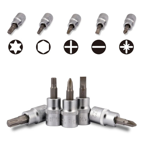 Heavy Duty 126 Piece Socket Wrench Set with screwdriver bits and symbols showing various tip types for home auto projects