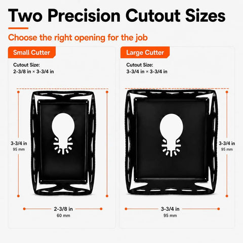 Image showing two Heavy Duty Square Slot Cutter sizes for oscillating tools, comparison of dimensions for precise openings.