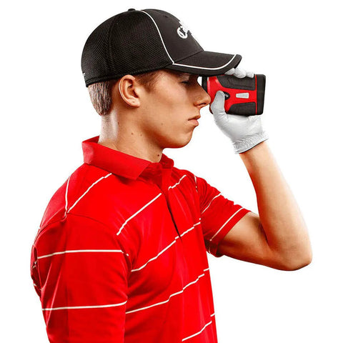 Golfer using Go-To Golf Laser Rangefinder With Slope Mode And 7X Magnification, Delivers Pin-High Distances Up To 1200 Yards