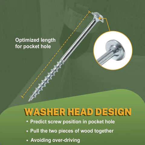 Workhorse Pocket Hole Screws Size 8 X 1 Inch with washer head design, zinc plated, highlighting optimized length for pocket holes.
