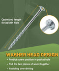 Pocket Hole Screws Set One And A Half Inch Square Drive Coarse Thread Washer Head Self Tapping Zinc Plated Six Hundred Pieces With Drive Bit Included For Pocket Hole Jig, close-up of screw design and washer head