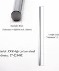 4 Pack 8mm By 100mm Case Hardened Chrome Plated Linear Motion Rods For CNC, 3D Printers, And DIY Machines, High Precision Chrome Finish, H8 Tolerance, Durable Carbon Steel Rods For Smooth Linear Guidance. 8mm x 100mm C45 steel chrome rod shown with size specs