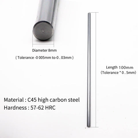 4 Pack 8mm By 100mm Case Hardened Chrome Plated Linear Motion Rods For CNC, 3D Printers, And DIY Machines, High Precision Chrome Finish, H8 Tolerance, Durable Carbon Steel Rods For Smooth Linear Guidance. 8mm x 100mm C45 steel chrome rod shown with size specs