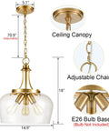 Diagram of a gold hanging light fixture with round canopy, adjustable chain, and E26 bulb base, clear glass shade, dimensions shown