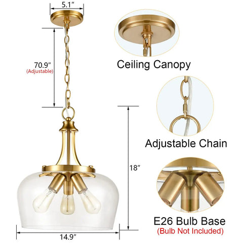 Diagram of a gold hanging light fixture with round canopy, adjustable chain, and E26 bulb base, clear glass shade, dimensions shown