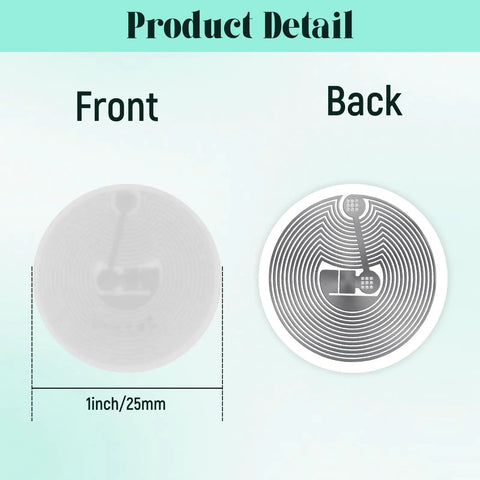 Front and back view of 20 Pack 1 Inch Round 13.56MHz RFID M1 S50 Tags Adhesive Proximity Stickers ISO 14443A UID Unchangeable