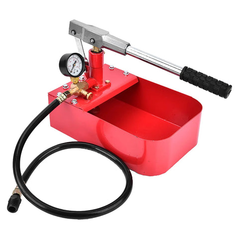 Red manual hydraulic pressure test pump with gauge and hose for pipe and valve testing (1000 PSI)