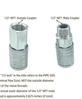 Seven Piece One Half Inch NPT Air Coupler Plug Set For Air Compressors And Hoses With Quick Connect Fittings, Zinc Plated Beefy Durability, Leak Free Seals, Broad Half Inch NPT Compatibility, Garage Or Shop Ready For DIY Pros showing 1/2 NPT female and male coupler threads