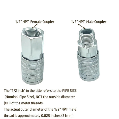 Seven Piece One Half Inch NPT Air Coupler Plug Set For Air Compressors And Hoses With Quick Connect Fittings, Zinc Plated Beefy Durability, Leak Free Seals, Broad Half Inch NPT Compatibility, Garage Or Shop Ready For DIY Pros showing 1/2 NPT female and male coupler threads