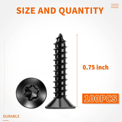 Top Shelf One Hundred Pack Six By Three Quarter Inch Flat Head Torx Star Drive Wood Screws Premium 18 8 Stainless Steel Black Coated Heavy Duty Fasteners Go To Hardware, 0.75 inch