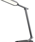 Sleek black desk lamp with adjustable arm and LED light panel on a stand, modern design.