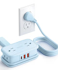 Go To Travel Power Strip With USB Ports And Flat Plug Two Outlets And Three USB Ports Three Foot Extension Cord in light blue