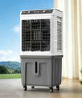 Portable evaporative air cooler with large water tank for indoor outdoor use, designed for effective cooling.