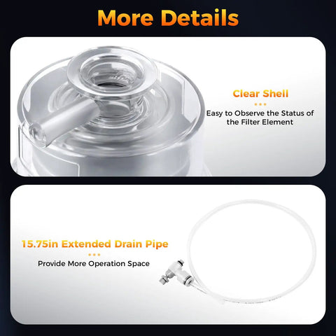KF25 Oil Mist Filter For Vacuum Pumps 95 Percent High Efficiency Fume Separator Exhaust Filter With Quick Release Design Compact And Transparent For Labs And Industrial Use shown with clear shell and 15.75in drain pipe