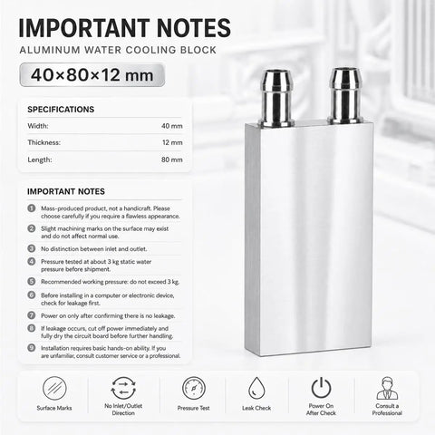 Premium Aluminum Water Cooling Block M Type Channel Liquid Heatsink For PC CPU 2 Pack detailed specs view 40x80x12 mm.