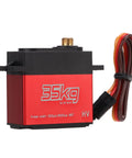 Badass High Torque Coreless Motor Servo Crafted From Tough Aluminum Alloy Housing With Precision Potentiometer And High Resolution Digital Control Chip For Hella Rad Radio Control Steering, 35kg torque, side view.