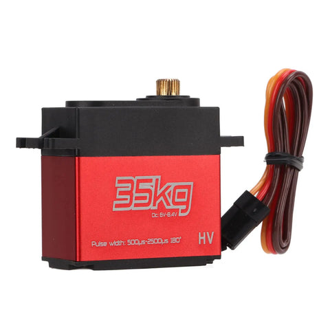 Badass High Torque Coreless Motor Servo Crafted From Tough Aluminum Alloy Housing With Precision Potentiometer And High Resolution Digital Control Chip For Hella Rad Radio Control Steering, 35kg torque, side view.