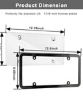 Clear License Plate Cover And Frame Set 2 Pack showing product dimensions for 12x6 inch US plates made from ABS plastic